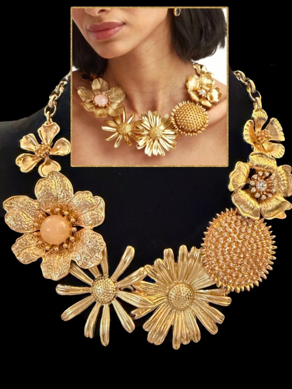 Oscar de la Renta Gold Flower Necklace Floral Blooms Bib Statement Necklace